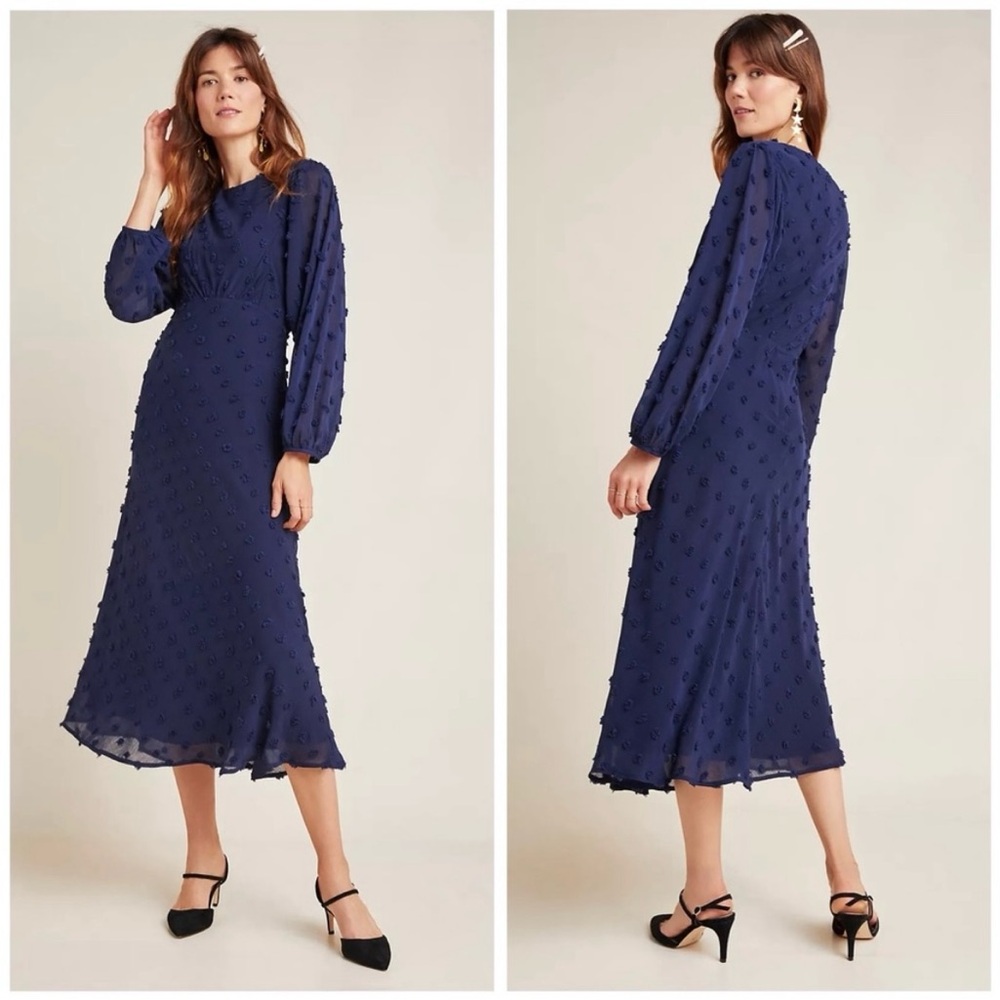 Anthropologie Eri + Ali Michaela Textured Swiss Dot Long Sleeve Midi Dress Navy